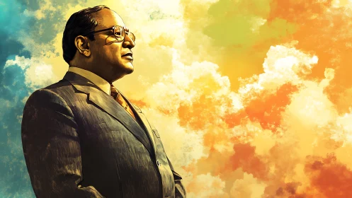 Dignified leader portrait under radiant golden sky clouds