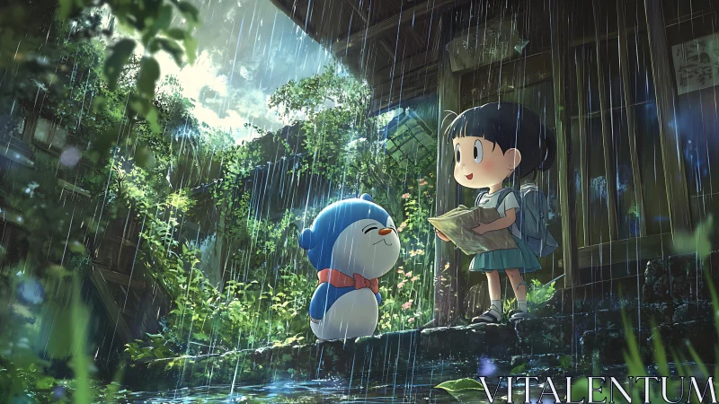 Girl and blue robot share map in lush rainy courtyard.