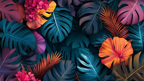 Bold tropical leaves in vivid teal, orange, and magenta tones.
