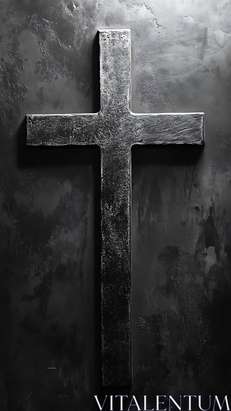 Forged steel cross glows softly on storm-dark concrete wall.