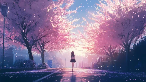 Twilight walk beneath glowing cherry blossom canopy street.