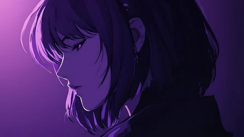 Side profile of short-haired figure in purple lighting.