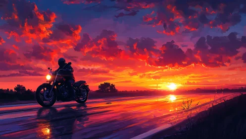 Motorcyclist crosses reflective highway under incendiary sunset sky