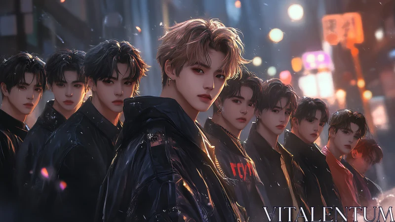 Stylish boy band stands poised in neon city drizzle at night.