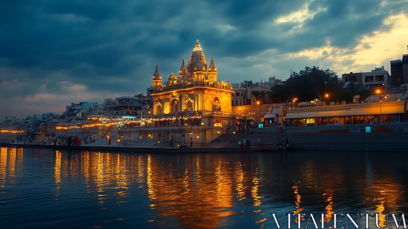 Riverside temple at dusk illuminated in warm reflective lighting