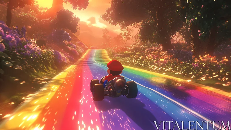 Kart racer speeding down luminous rainbow woodland road.
