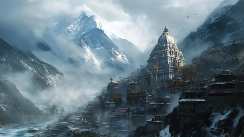 Temple citadel rising through mist in snowbound mountainscape.