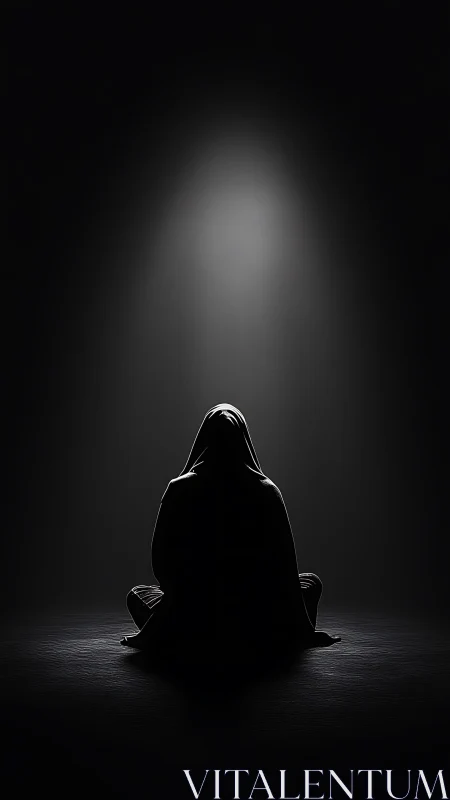 Hooded figure sits alone under a narrow beam of light.