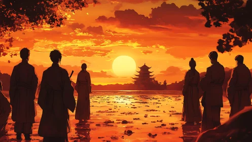 Samurai silhouettes drink molten sunset over mirrored lake