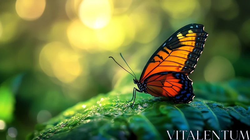 Orange butterfly on wet green leaf in defocused habitat.