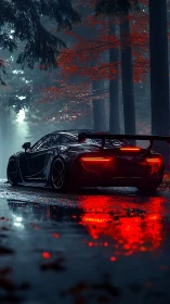 Supercar with rear wing parked on wet forest road at dusk