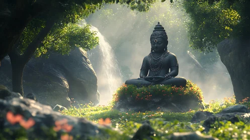 Monolithic dark stone Buddha statue in volumetric forest light