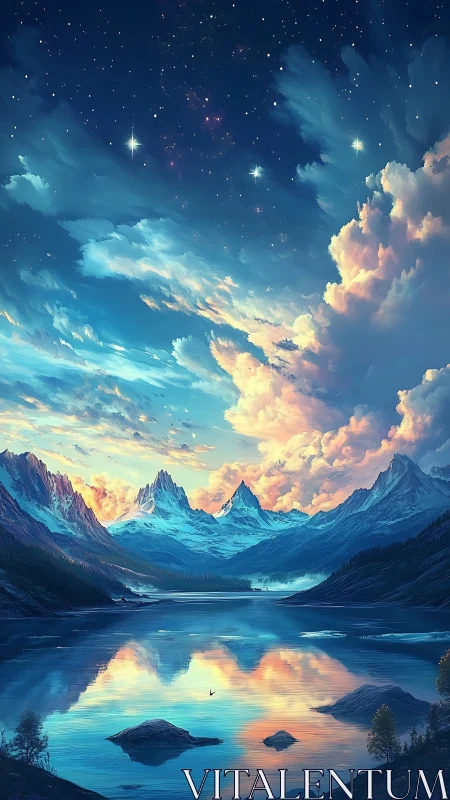 Celestial twilight over crystalline alpine lake panorama.