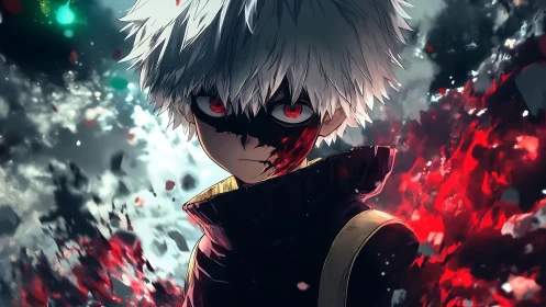 White-haired masked figure stands amid red digital fragments