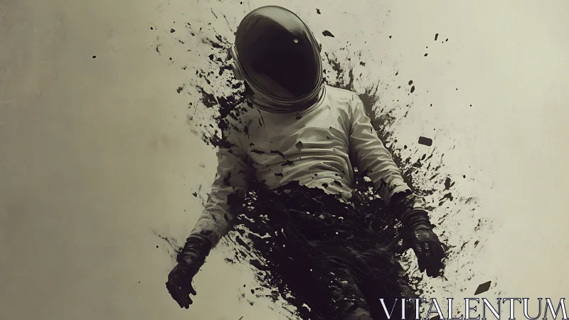 Drifting astronaut dissolving into inky cosmic fragments.