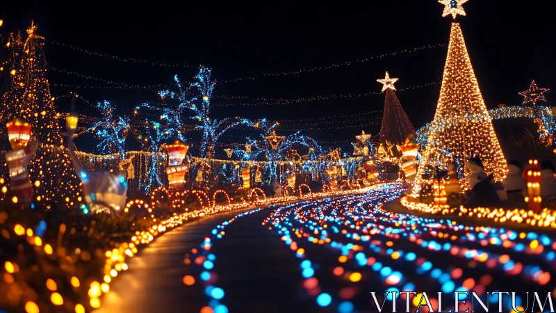 Photorealistic holiday light tunnel with curved leading path.