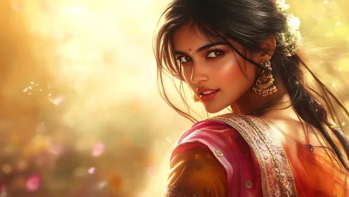 Warm sunlight kisses a smiling woman in festive finery.