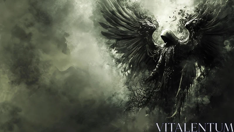 Dark winged reaper rises from swirling shadowed mist.