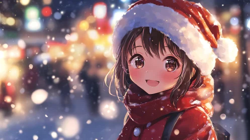Anime girl in red Santa outfit in softly lit snowfall.