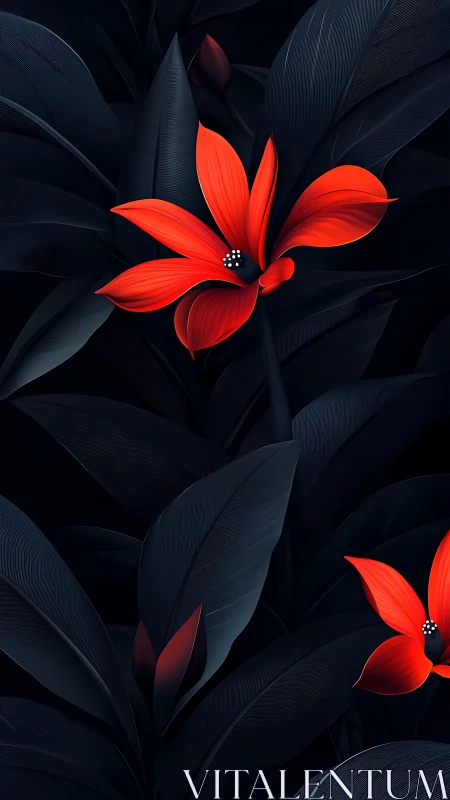Crimson Flowers Blooming Against Obsidian Foliage.