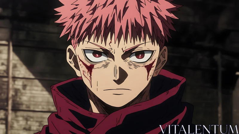 Battle-worn pink haired anime fighter in maroon cloak, close-up