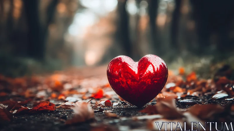 Red heart object on path with fallen leaves and forest background.