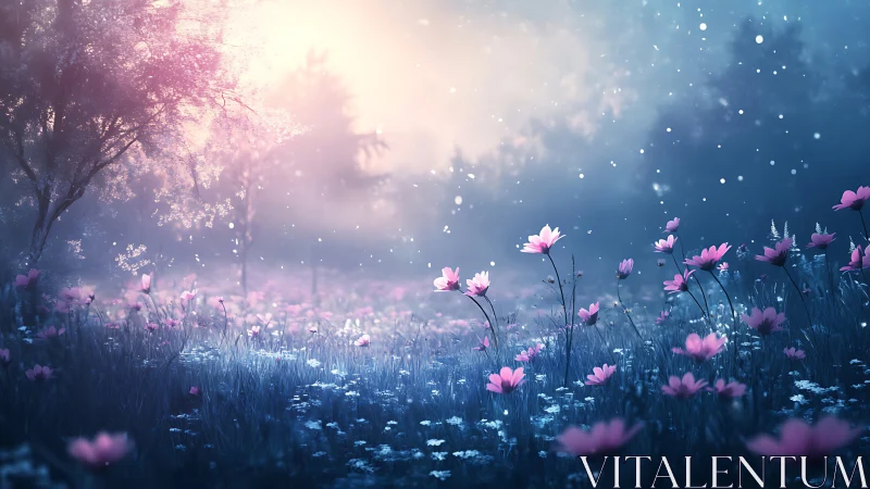 Twilight bloomfield where moonlit petals practice quiet magic.