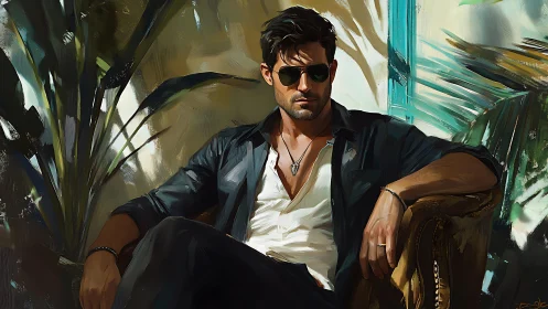 Sunlit lounge scene shows a relaxed man in confident style