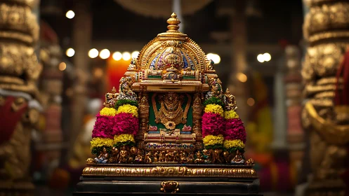 Ornate Hindu temple shrine with gold deity and garlands.