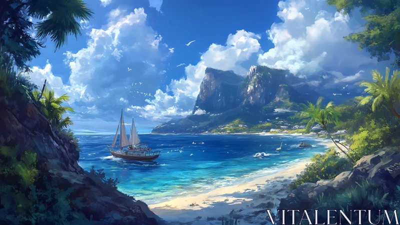 Tropical Paradise Bay: Digital Seascape with Sailboat and Volcanic Peaks.