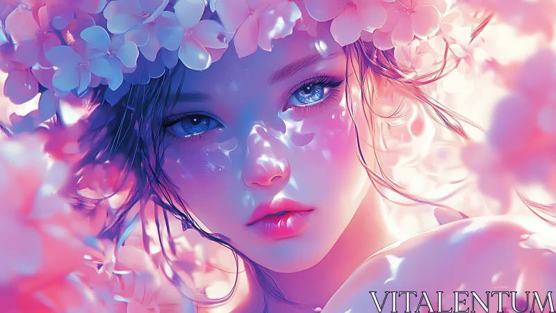 Digital painting portrait with floral halo and ethereal lighting.