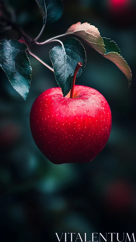 Red apple hanging on tree branch with dark blurred background.