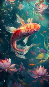 Golden koi drifts through dreamy lilies and gentle water ripples