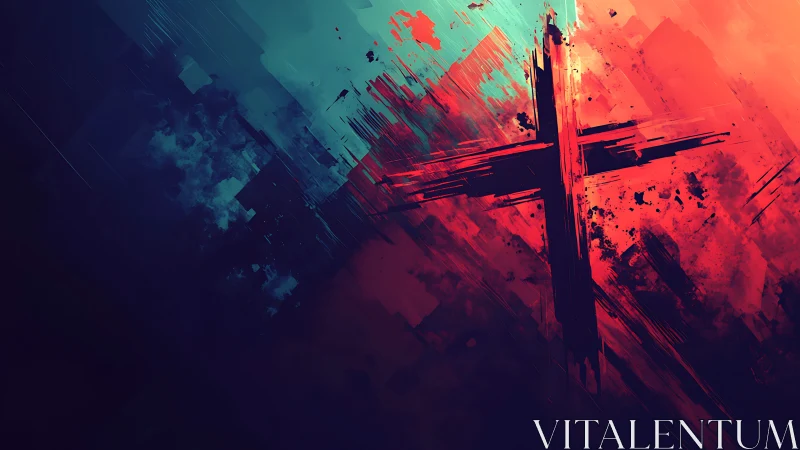 Cross of scarlet light cuts through deep teal shadows.