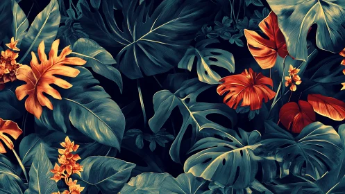 High-contrast digital tropical foliage with stylized orange blooms
