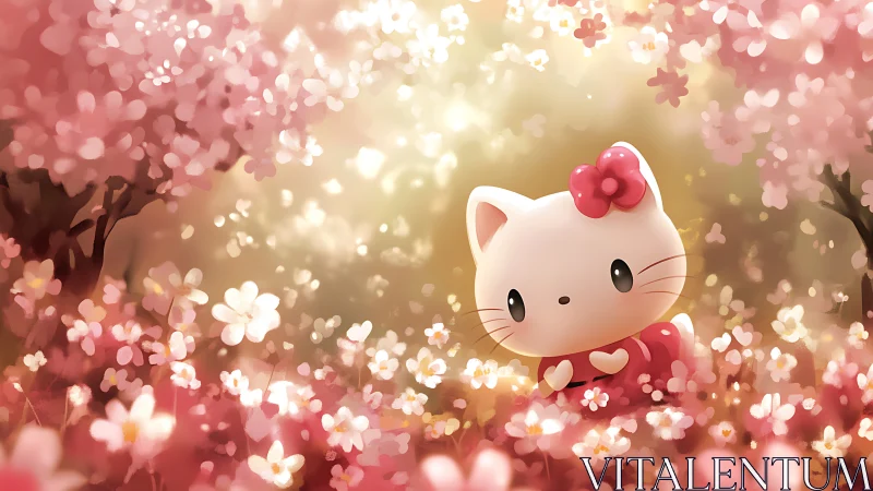 Cute white kitten amid glowing pink blossom meadow.