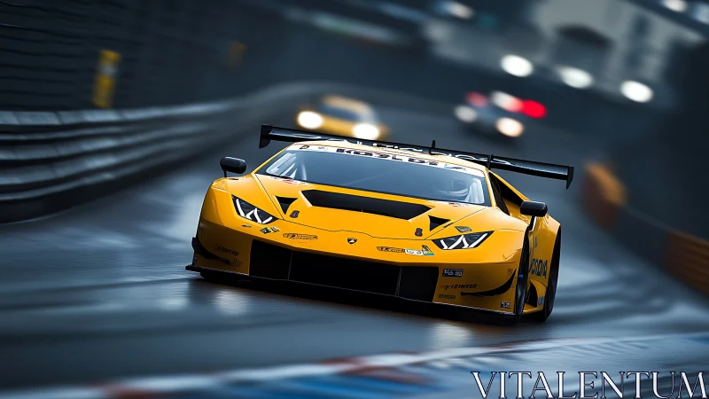 Yellow GT race car on wet circuit under dynamic motion blur.