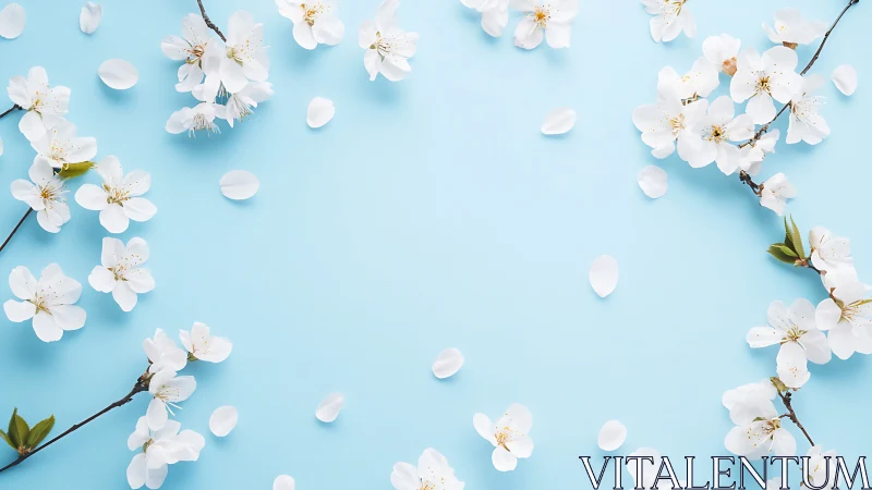 White Cherry Blossom Branches Against Soft Blue Background