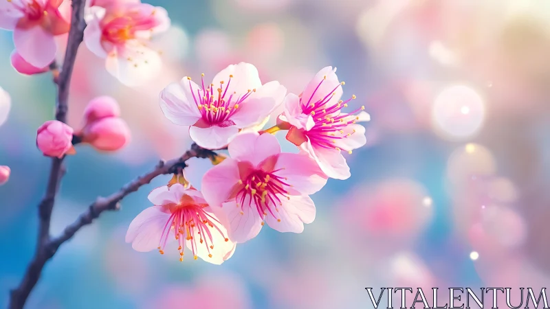 Soft pink cherry blossoms glow in dreamy spring light.