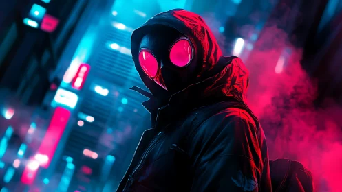 Hooded cyberpunk figure in neon-lit nocturnal megacity streets