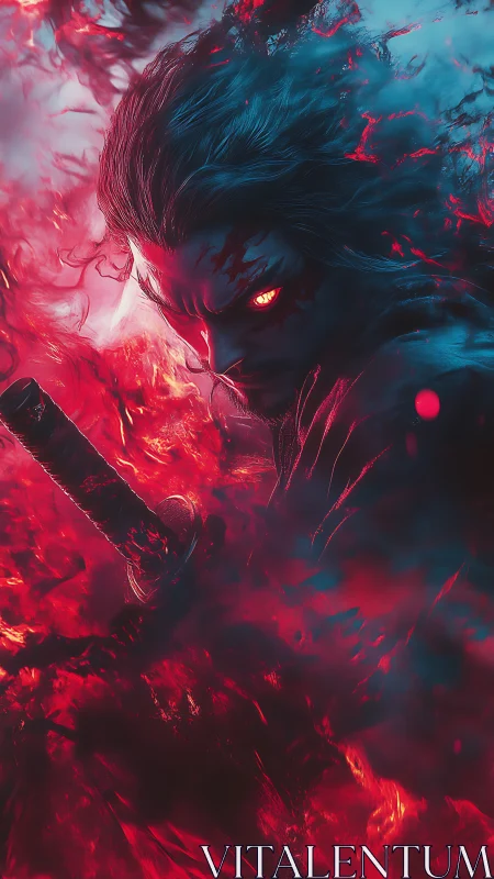Demonic swordsman with glowing red eyes stands in flame