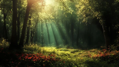 Sunbeams Filtering Through Lush Forest in Dreamlike Style.