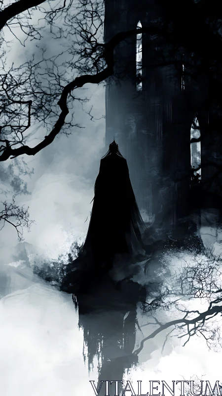 Shadowed watcher by the ruined tower in drifting mist.