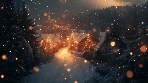 Snowy alpine village street under warm Christmas lights.