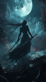 Lunar backlit dual-blade wraith on volcanic ruins horizon.