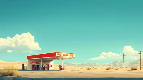 Lonely desert gas stop humming under a teal sky hush.
