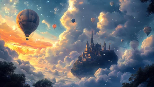 Floating citadel amid radiant clouds and hot air balloons.