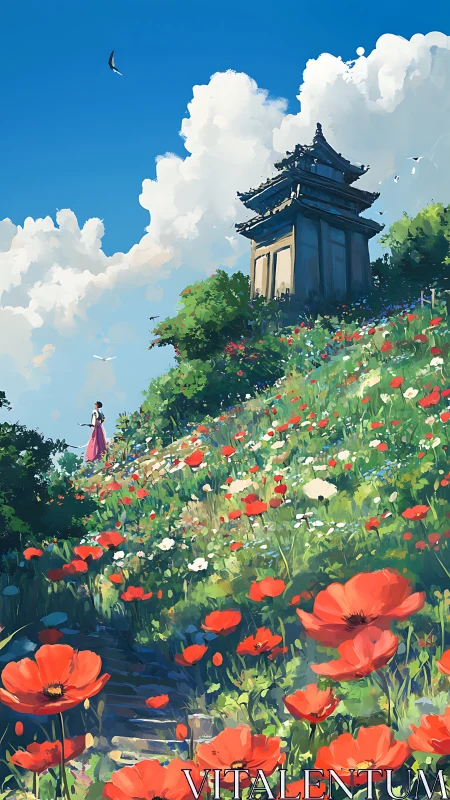 Hillside shrine above wildflower meadow under cumulus sky