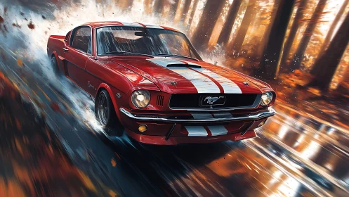 Red classic fastback car on wet forest road in motion.