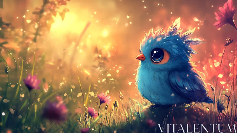 Adorable blue cartoon bird in a magical glowing meadow scene.